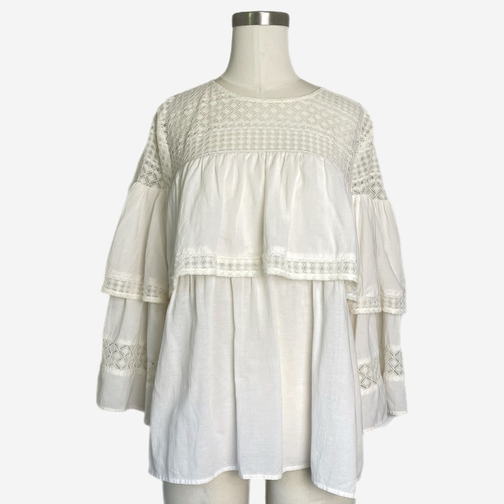 Loft Ivory lace tiered ruffle blouse sheer crochet piratecore boho whimsical M